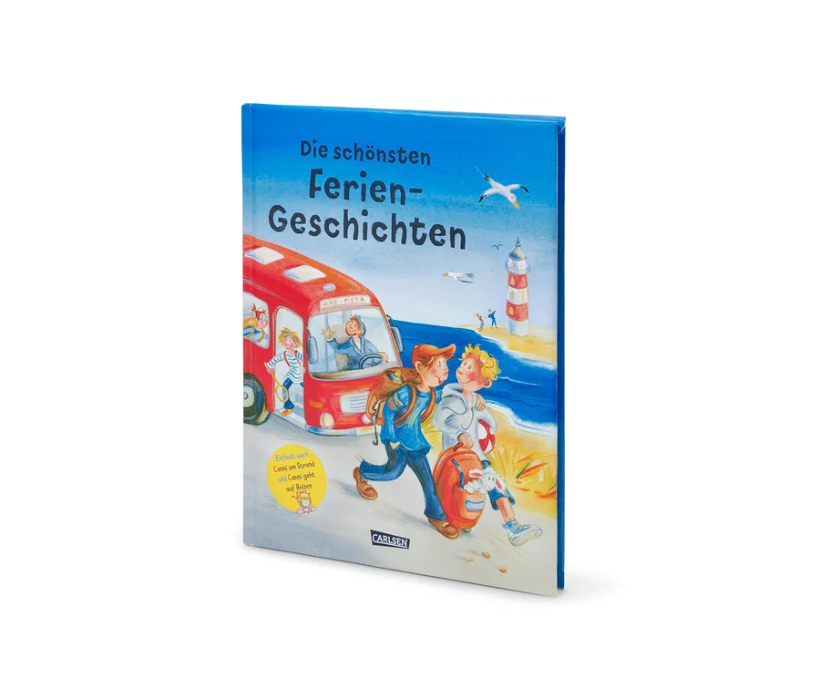 Illustration du livre « Les plus belles histoires de vacances » (en allemand) : Enfants sur la plage avec cabane de plage et bus.