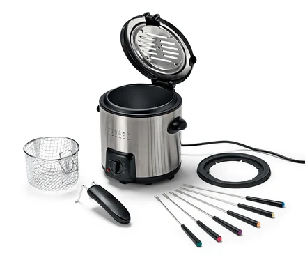 Mini friteuse et ensemble à fondue ouvert avec six fourchettes, un panier et une base noire.
