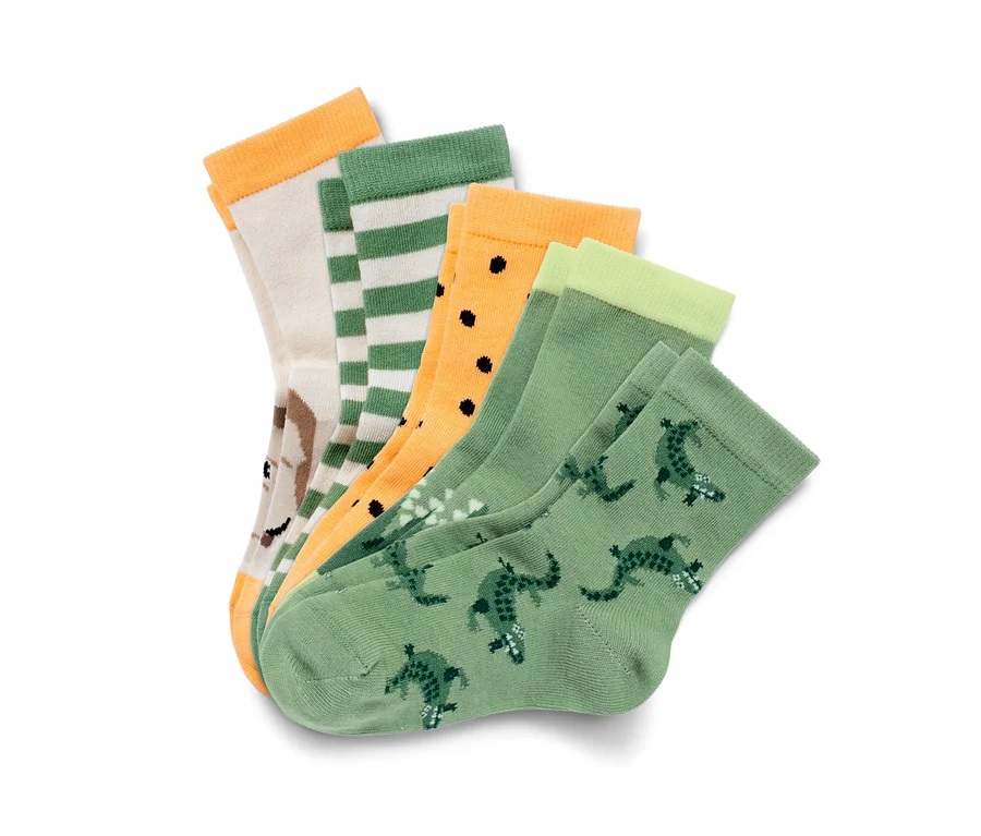 Cinq paires de chaussettes pour enfant avec différents motifs.