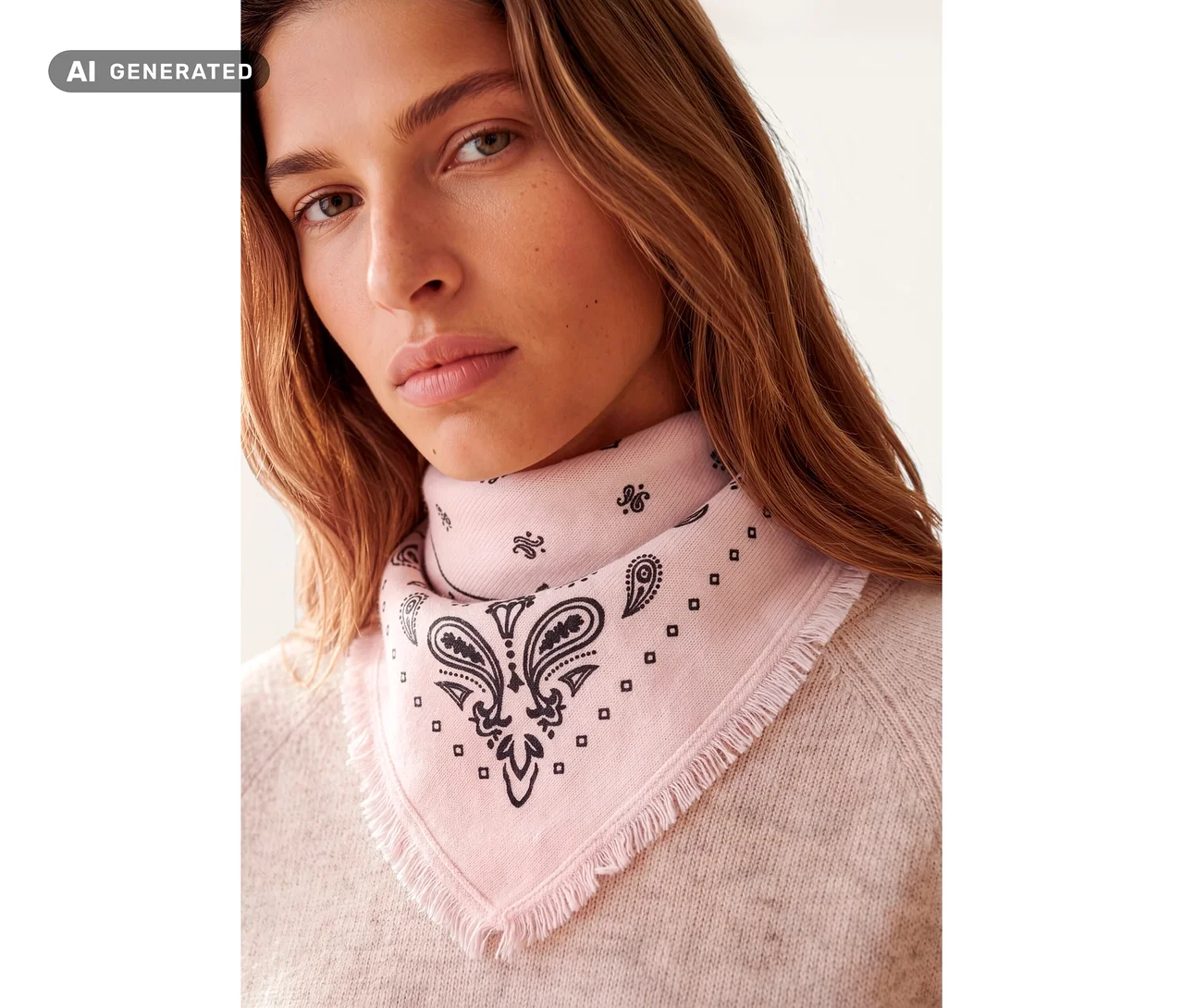 Une femme porte un bandana tricoté en laine et cachemire rose avec un motif cachemire noir et des franges sur un pull rose clair.