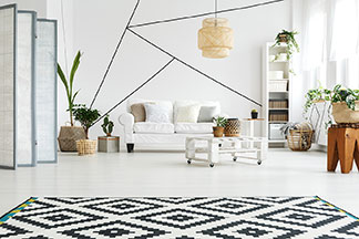 Tapis noir et blanc dans un salon lumineux décoré de meubles blancs.