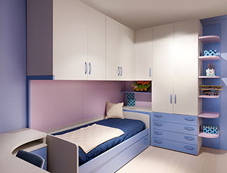 Armoire d'angle pour une utilisation optimale de l'espace : une chambre d'enfant peinte en violet contenant une armoire de chambre blanche avec des poignées et des tiroirs bleus – des placards muraux blancs se dressent au-dessus du lit.