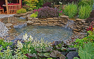 Décoration de jardin faite d'eau : vue d'un étang de jardin encadré de pierres et envahi par diverses plantes au bord. Une petite chute d'eau éclabousse les plantes.